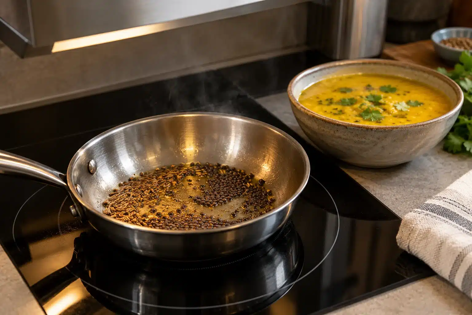 Cumin and mustard seeds warming in a pan beside cooked dal