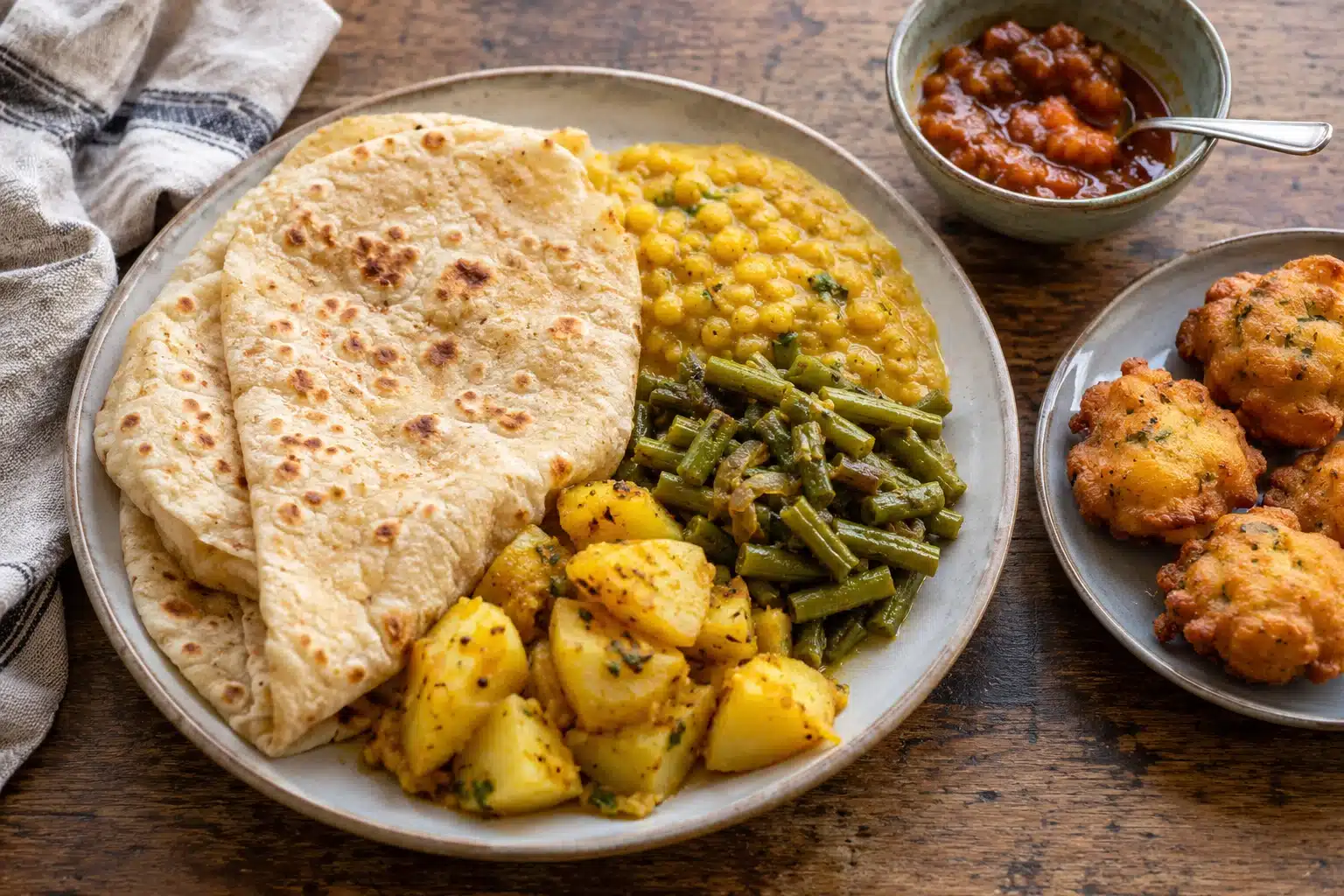 Vegetarische roti met dal, groente, chutney en bara