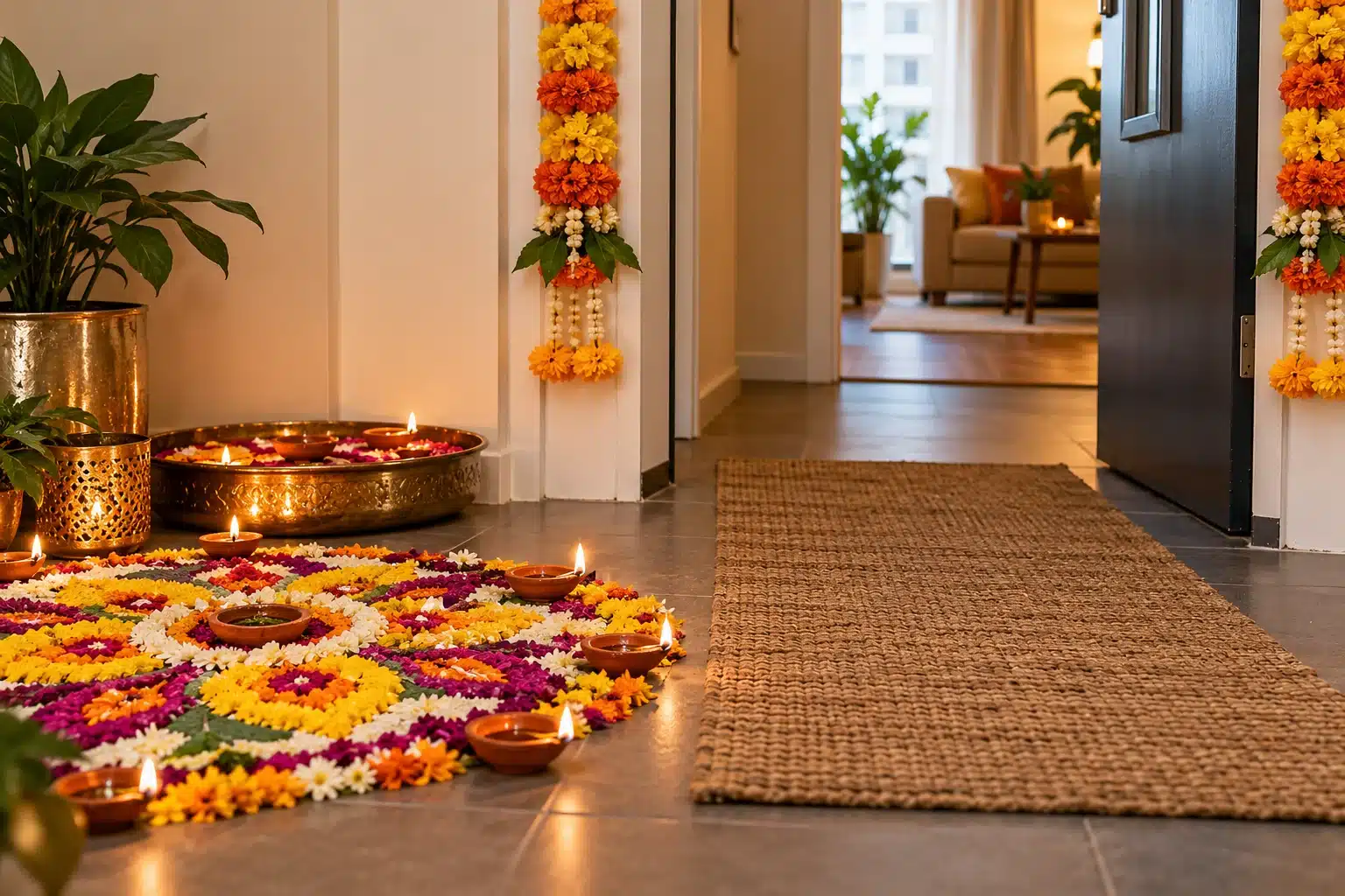 A compact rangoli and toran beside a clear doorway