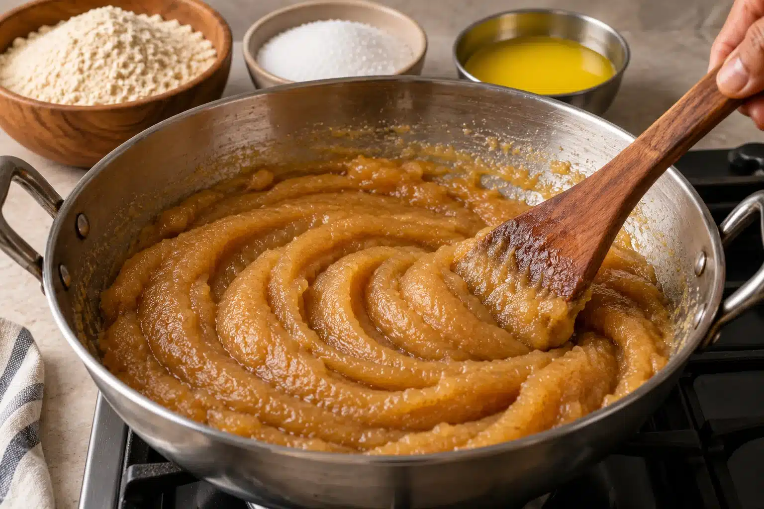 Whole-wheat kada prasad being stirred in a heavy pan