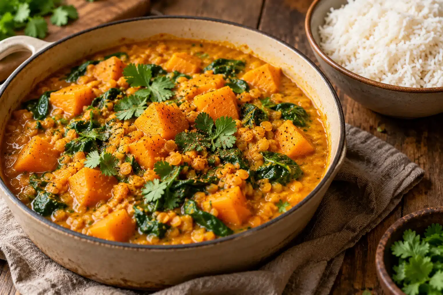 Pompoencurry met rode linzen, kokosmelk en spinazie