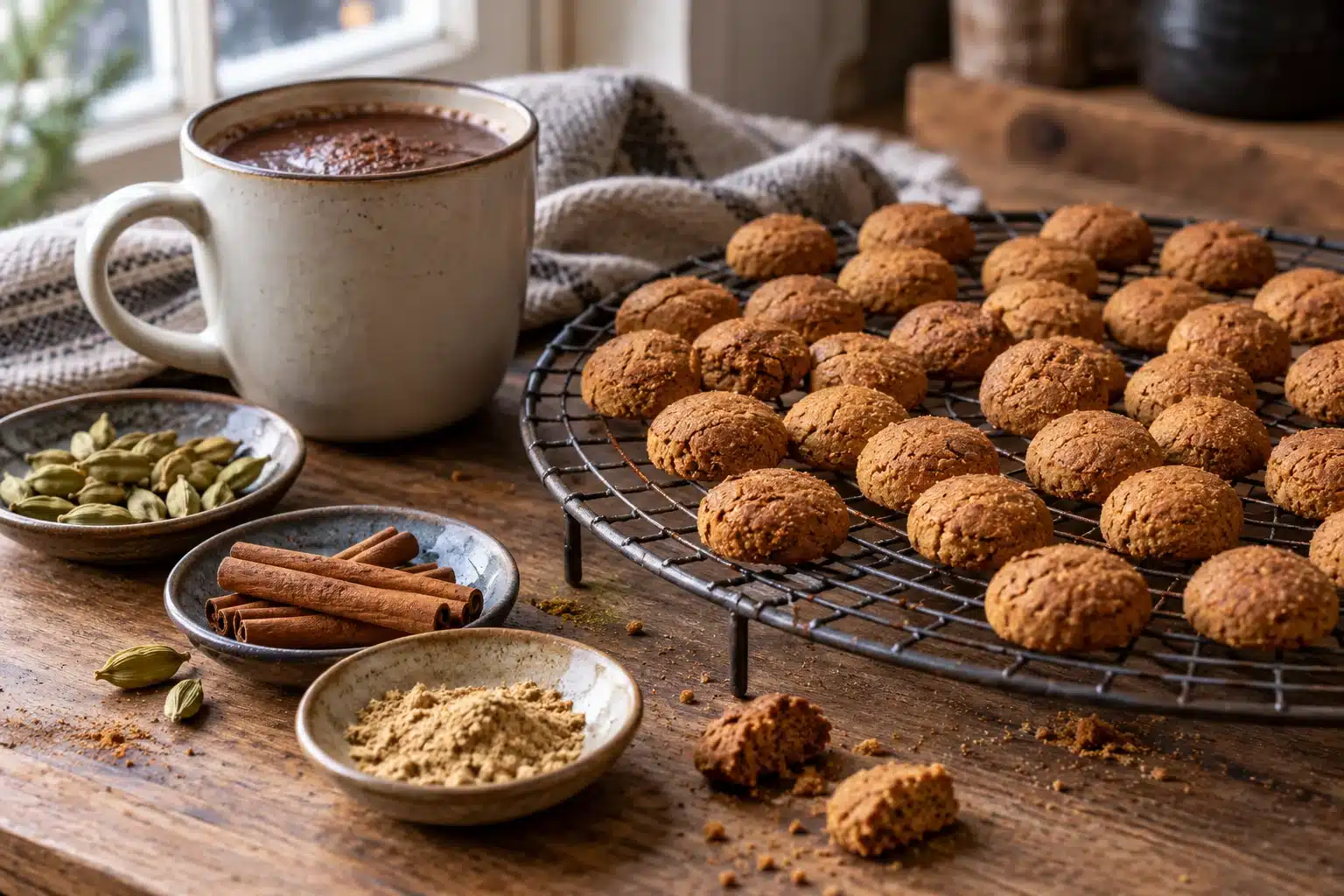 Kruidnoten op een rooster naast chocolademelk en specerijen